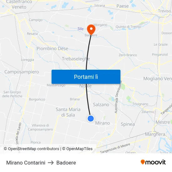 Mirano Contarini to Badoere map