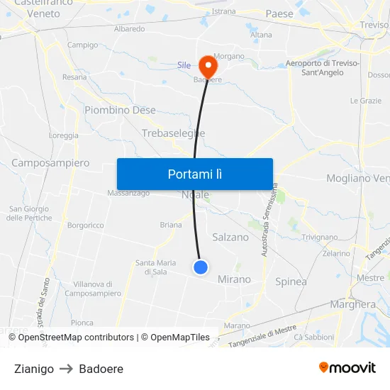 Zianigo to Badoere map