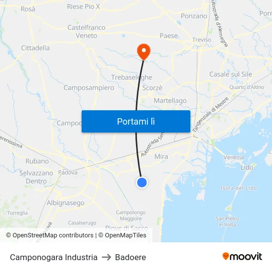 Camponogara Industria to Badoere map