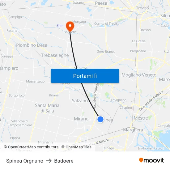 Spinea Orgnano to Badoere map