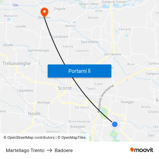 Martellago Trento to Badoere map