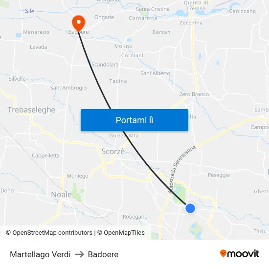 Martellago Verdi to Badoere map
