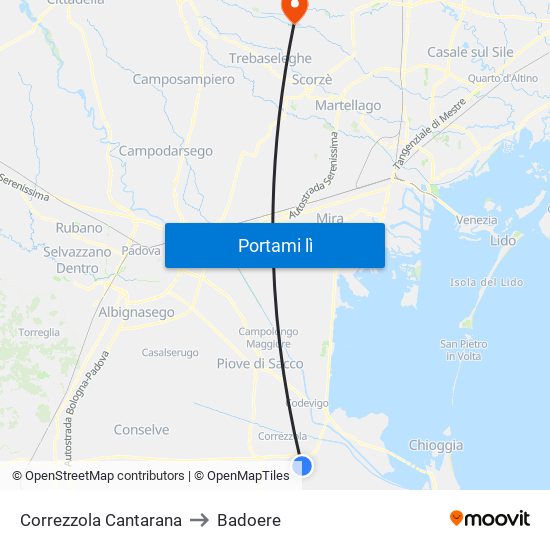 Correzzola Cantarana to Badoere map