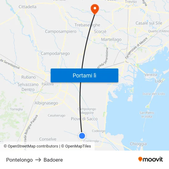 Pontelongo to Badoere map