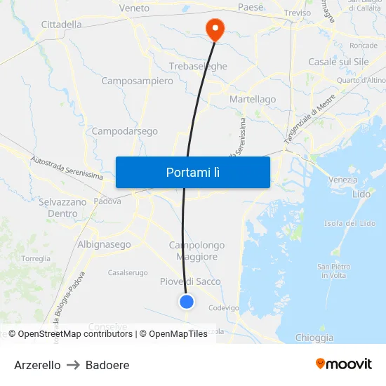 Arzerello to Badoere map