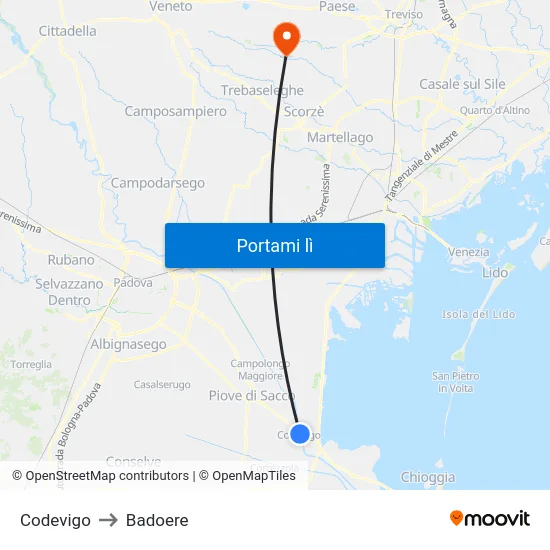 Codevigo to Badoere map