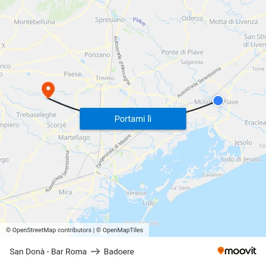 San Donà - Bar Roma to Badoere map