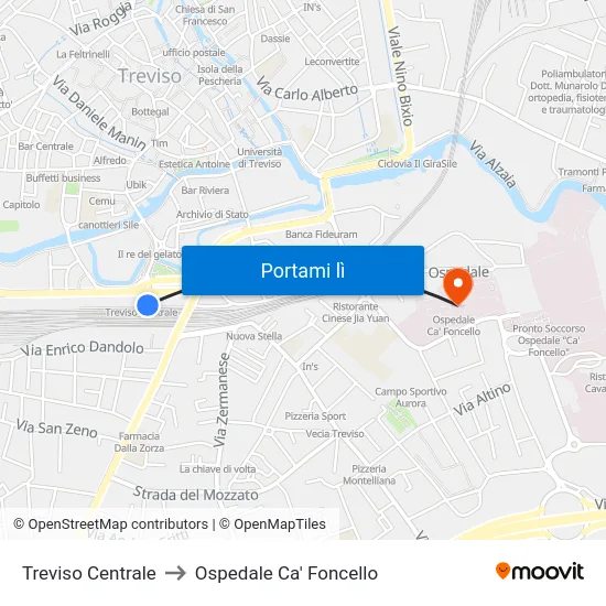 Treviso Centrale to Ospedale Ca' Foncello map