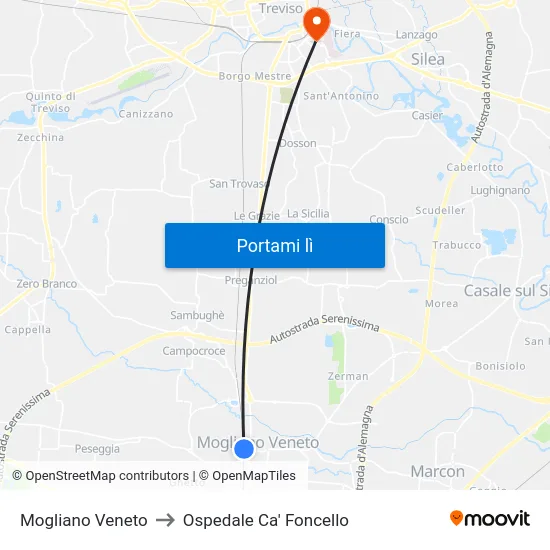 Mogliano Veneto to Ospedale Ca' Foncello map