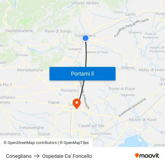 Conegliano to Ospedale Ca' Foncello map