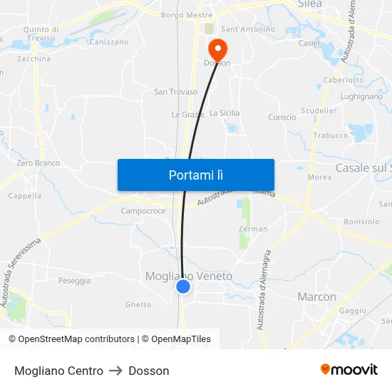 Mogliano Centro to Dosson map