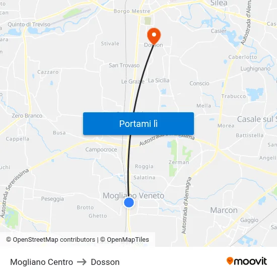 Mogliano Centro to Dosson map