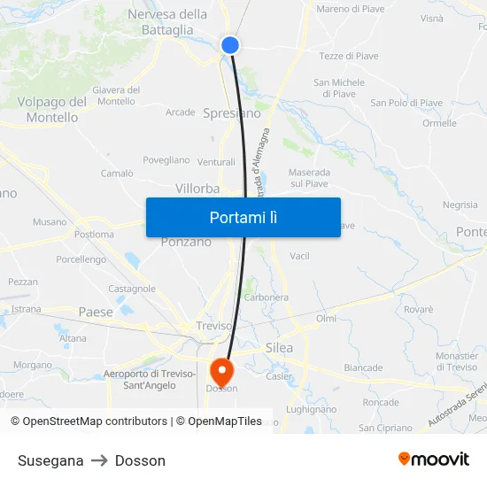 Susegana to Dosson map