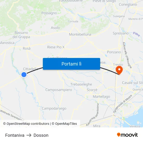 Fontaniva to Dosson map