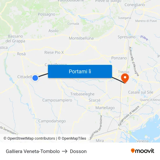 Galliera Veneta-Tombolo to Dosson map