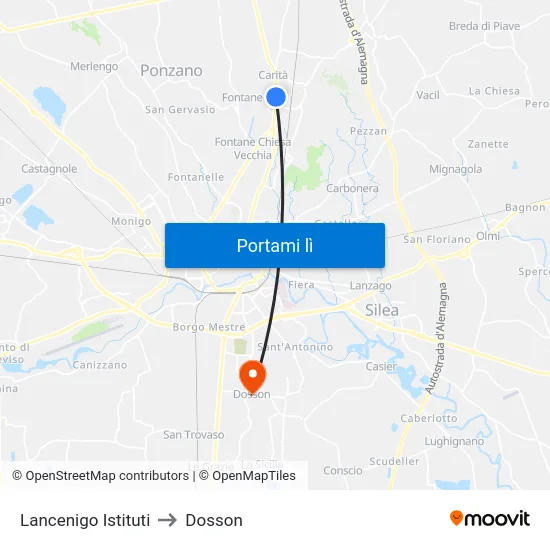Lancenigo Istituti to Dosson map