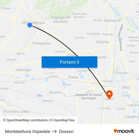 Montebelluna Ospedale to Dosson map