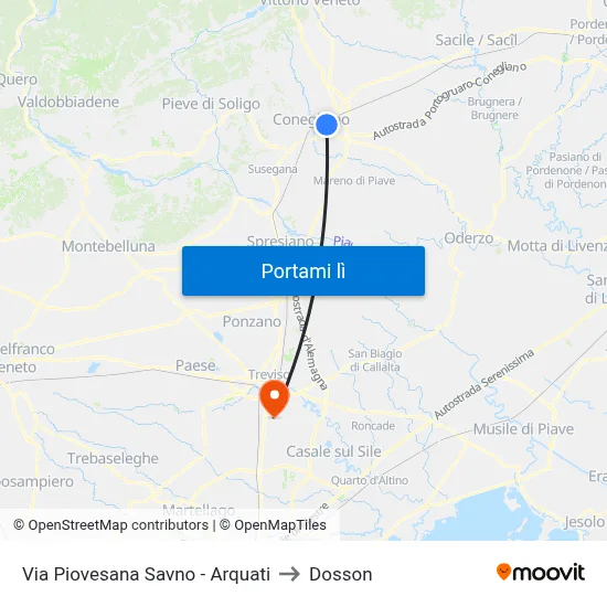 Via Piovesana Savno - Arquati to Dosson map