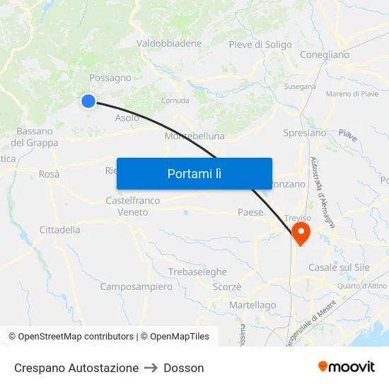 Crespano Autostazione to Dosson map