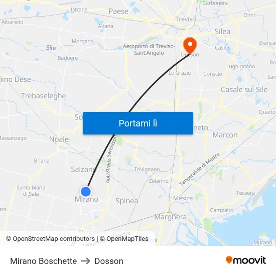 Mirano Boschette to Dosson map