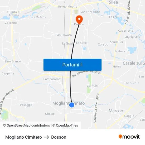 Mogliano Cimitero to Dosson map