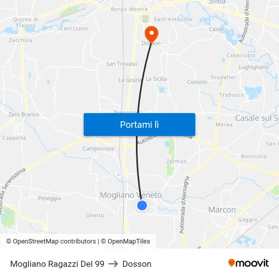 Mogliano Ragazzi Del 99 to Dosson map