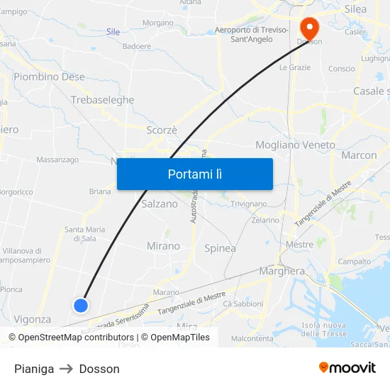 Pianiga to Dosson map