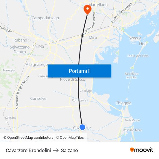 Cavarzere Brondolini to Salzano map