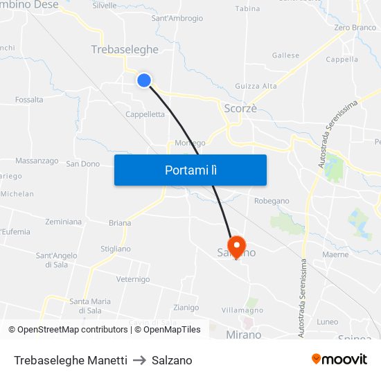 Trebaseleghe Manetti to Salzano map