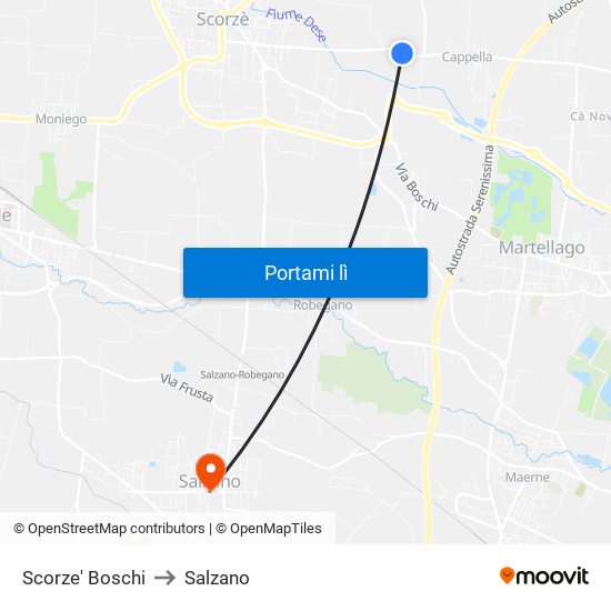 Scorze' Boschi to Salzano map