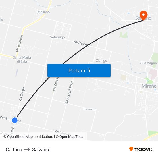 Caltana to Salzano map