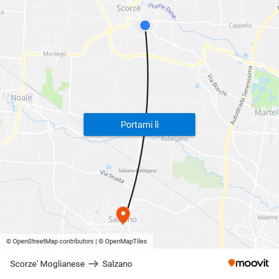 Scorze' Moglianese to Salzano map