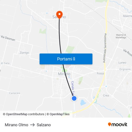 Mirano Olmo to Salzano map