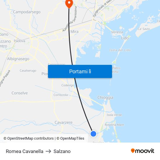 Romea Cavanella to Salzano map