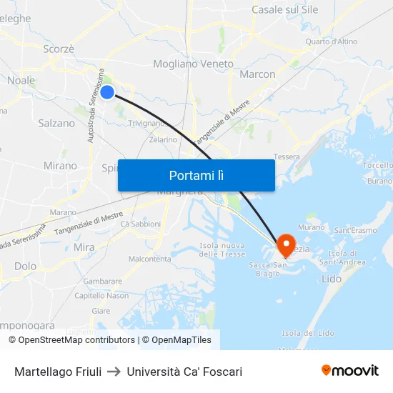 Martellago Friuli to Università Ca' Foscari map