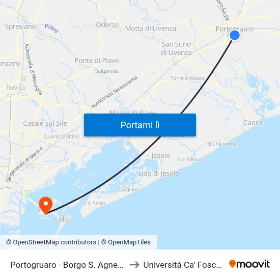 Portogruaro - Borgo S. Agnese to Università Ca' Foscari map