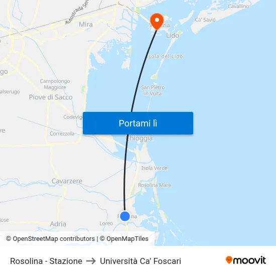 Rosolina - Stazione to Università Ca' Foscari map