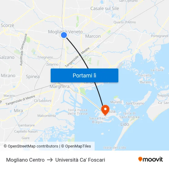 Mogliano Centro to Università Ca' Foscari map