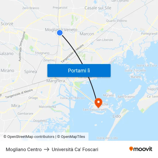 Mogliano Centro to Università Ca' Foscari map