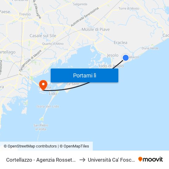 Cortellazzo - Agenzia Rossetti 1 to Università Ca' Foscari map