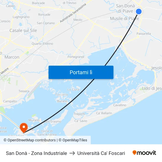San Donà - Zona Industriale to Università Ca' Foscari map
