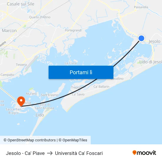 Jesolo - Ca' Piave to Università Ca' Foscari map
