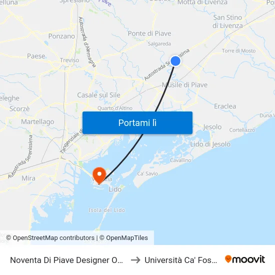 Noventa Di Piave Designer Outlet to Università Ca' Foscari map