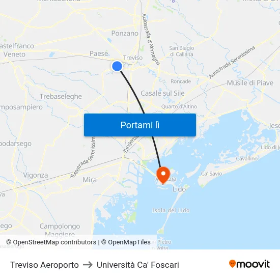 Treviso Aeroporto to Università Ca' Foscari map