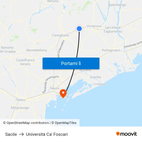Sacile to Università Ca' Foscari map
