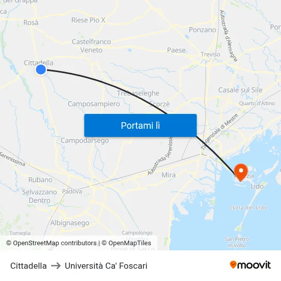 Cittadella to Università Ca' Foscari map