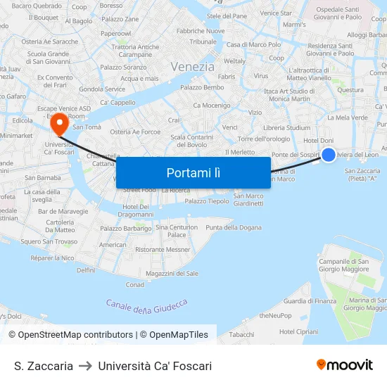 S. Zaccaria to Università Ca' Foscari map