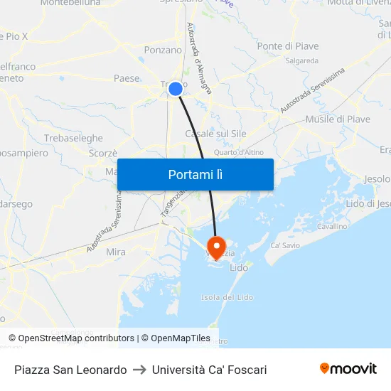 Piazza San Leonardo to Università Ca' Foscari map
