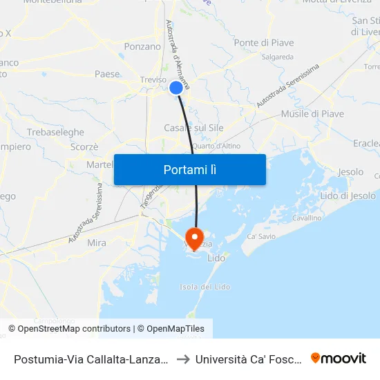 Postumia-Via Callalta-Lanzago to Università Ca' Foscari map