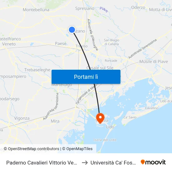 Paderno Cavalieri Vittorio Veneto to Università Ca' Foscari map
